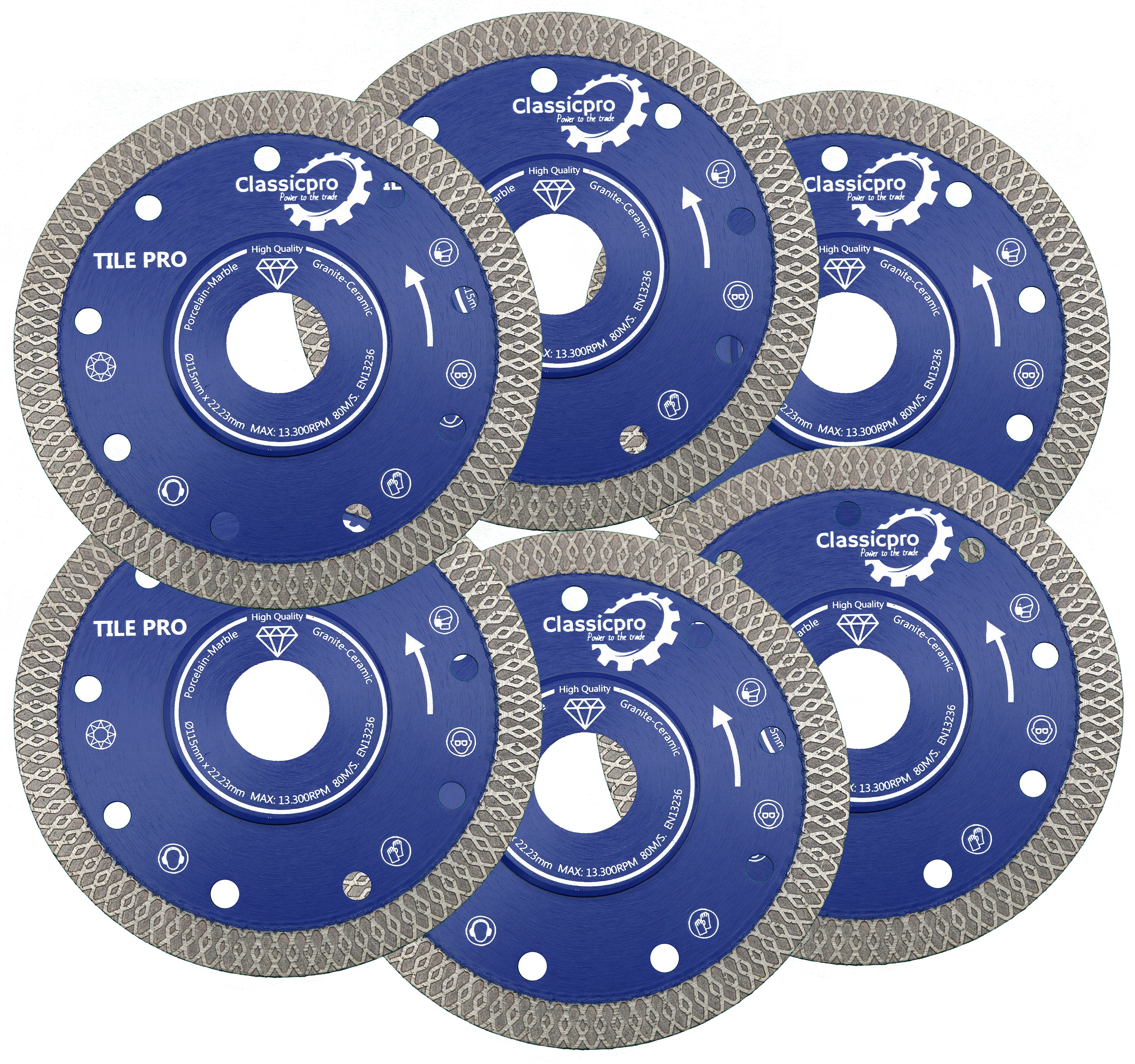 ClassicPro 115mm Turbo Diamond Cutting Blade – 6 Pack – For Porcelain, Ceramic, Marble, Granite & Stone (EN13236 Rated)