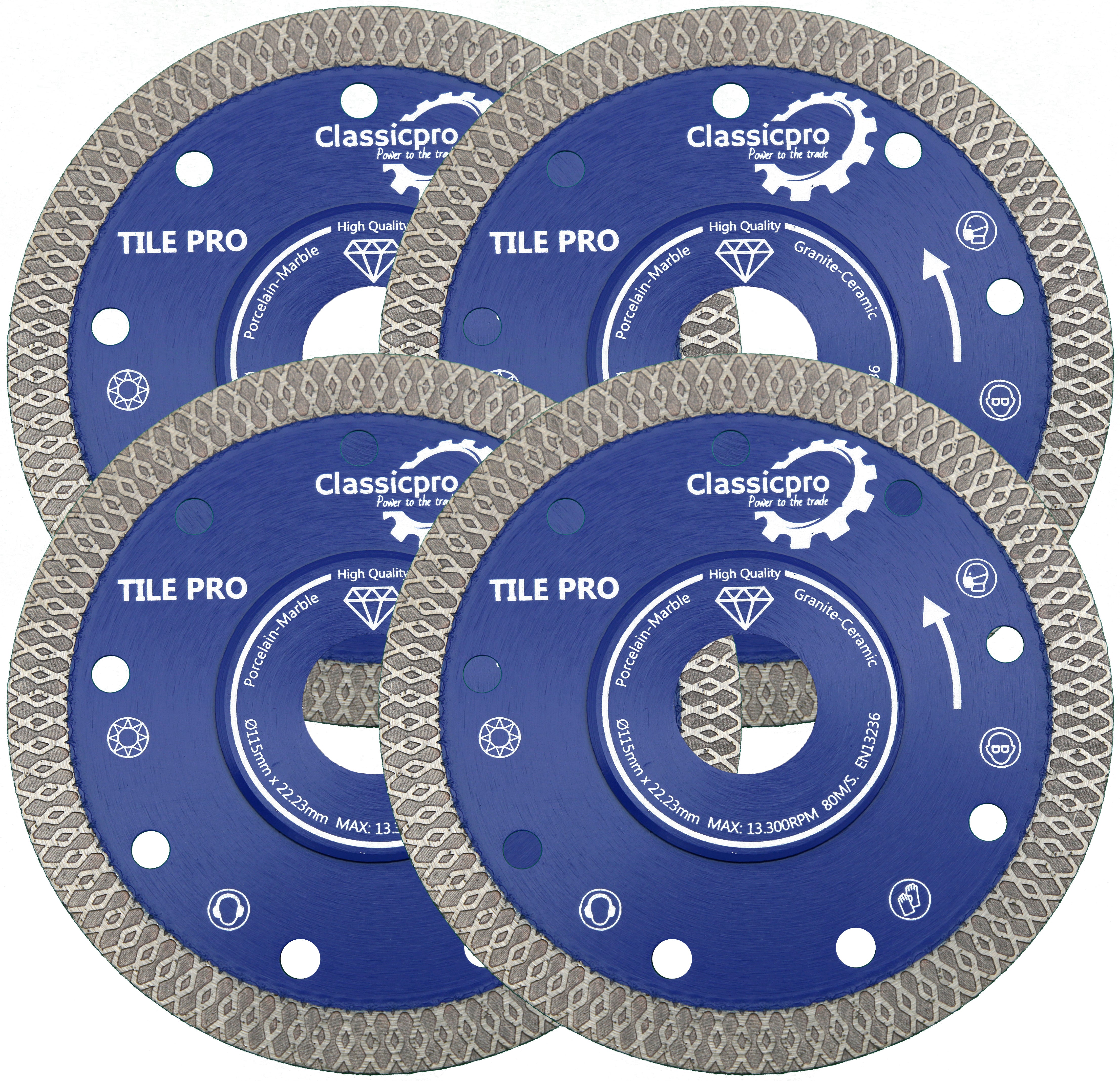 ClassicPro 115mm Turbo Diamond Cutting Blade – 4 Pack – For Porcelain, Ceramic, Marble, Granite & Stone (EN13236 Rated)