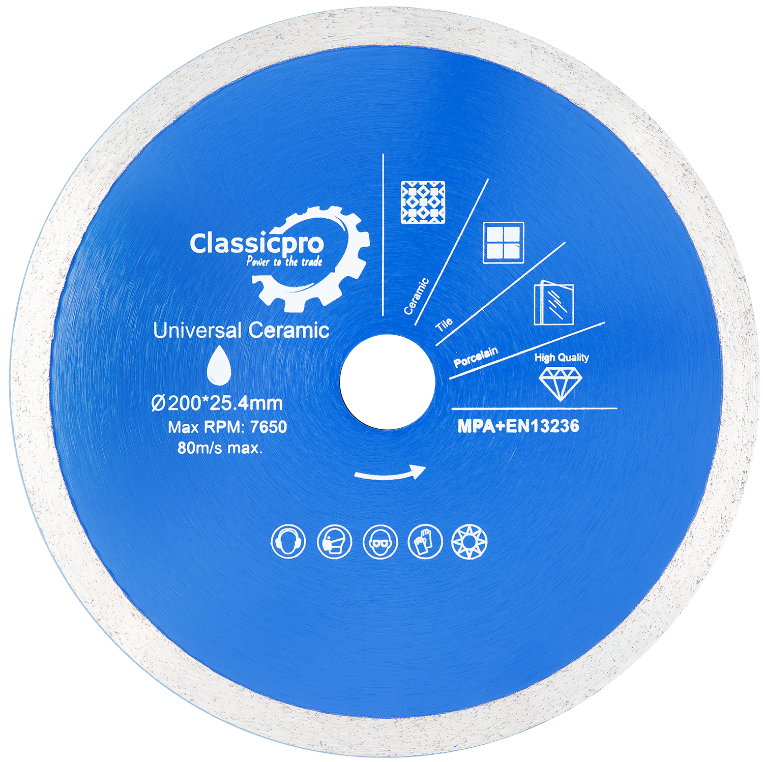Heavy-duty 200mm diamond tile cutting blade with 25.4mm bore. Continuous rim