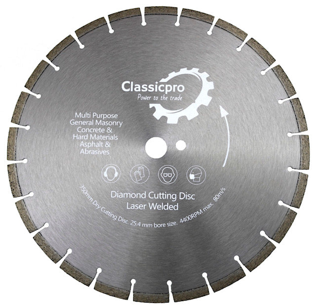 ClassicPro 350mm Laser-Welded Diamond Blade – For Brick, Concrete, Granite & Stone (25.4mm Bore + Pin | EN13236 Rated)