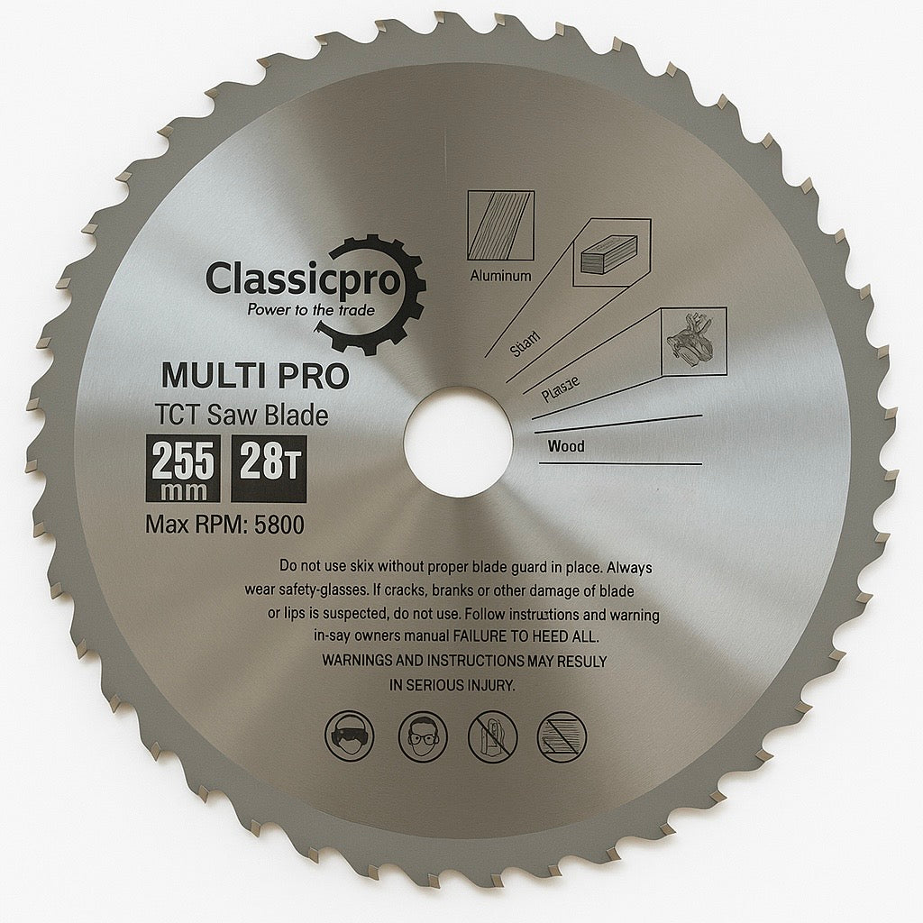 ClassicPro 255mm x 25.4mm 28T Multi-Purpose TCT Circular Saw Blade – For Wood, Metal, Aluminium & Plastic (with 20mm Reducer Ring)