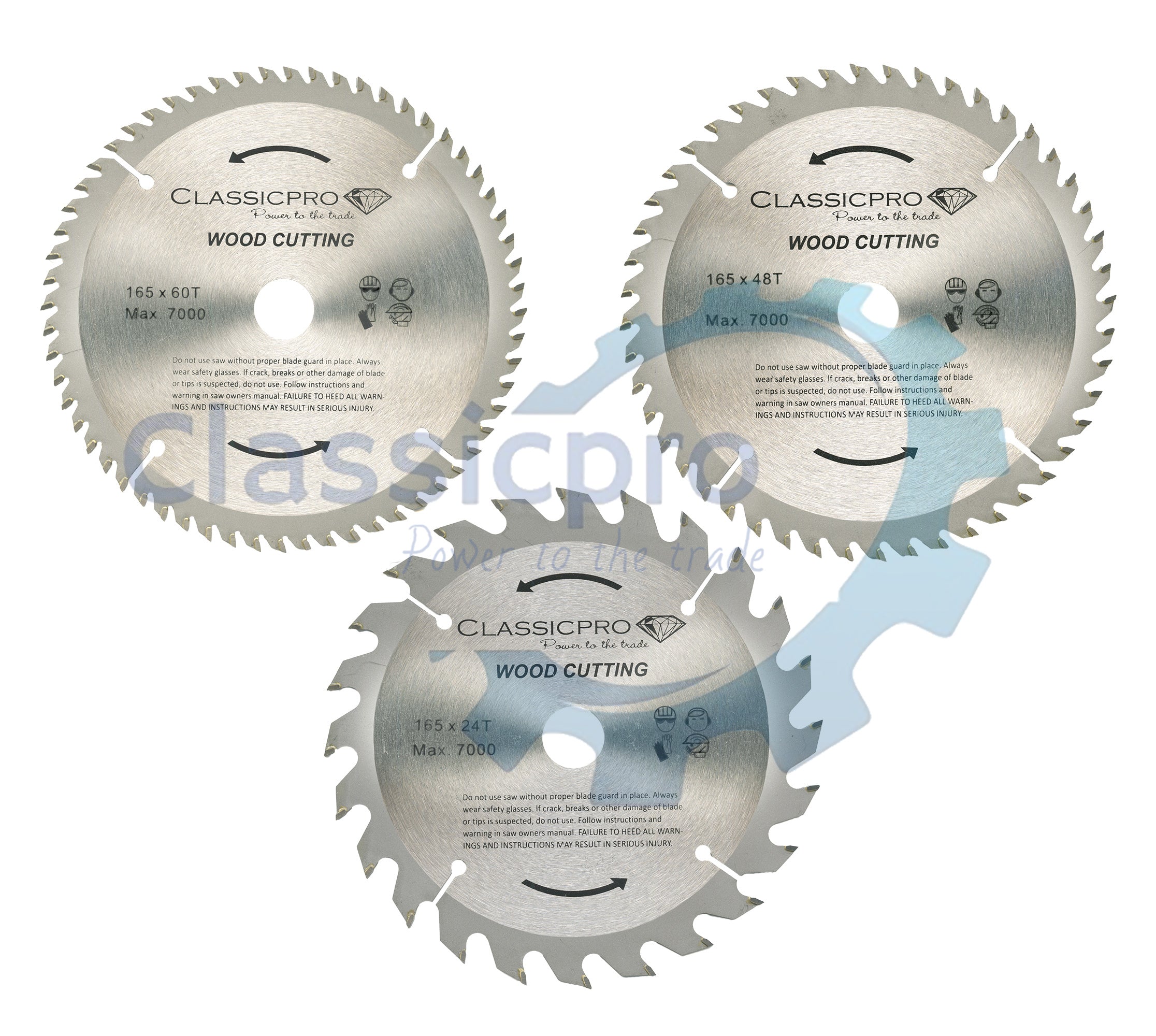 Classicpro 165mm x 20mm TCT Circular Saw Wood Blade Pack of 3 (24T 48T 60T)
