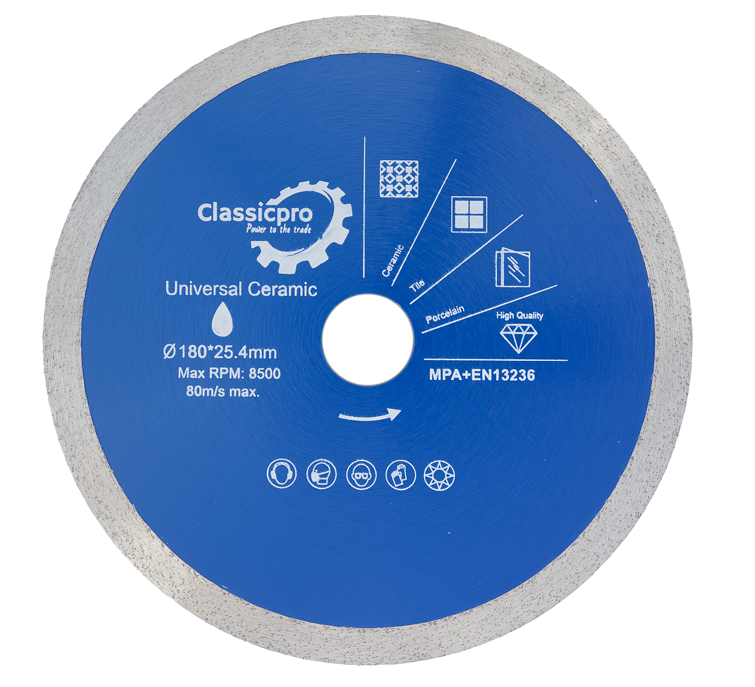 Professional-grade 180mm diamond blade with 25.4mm bore. Continuous rim